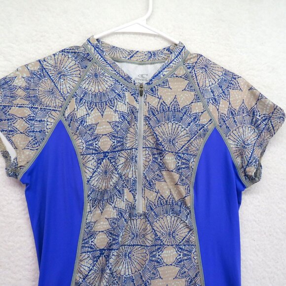 ONeill Rash Guard Womens Size Large Slim Fit Blue Beige 1/4 Zip Short Sleeve - Picture 2 of 7